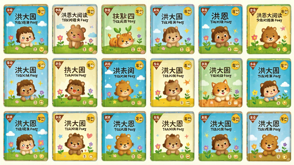 洪恩大阅读分级阅读书架界面,主体为整齐排列的彩色书籍封面墙,布局采用网格状排列,排版疏密有致,风格为清新活泼的儿童风格,细节包括每本书封面上的卡通图案和年龄标签,画质高清,干净,无多余元素