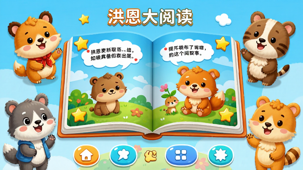 洪恩大阅读软件主界面展示,画面中心是一本打开的彩色电子绘本,周围环绕卡通动物角色,布局采用居中构图,排版清晰有序,风格为明亮可爱的儿童插画风,细节包括绘本上的文字气泡、星星奖励图标和底部功能按钮,画质高清,干净整洁,无多余元素