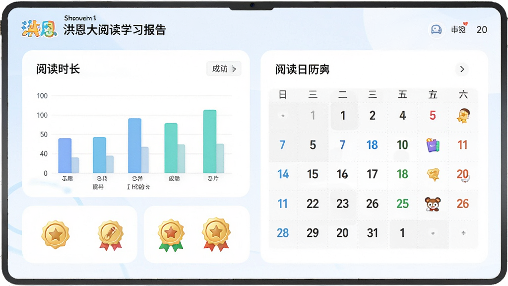 洪恩大阅读学习报告界面,主体为数据图表和阅读日历,布局采用卡片式信息展示,排版清晰规整,风格为简约清新的现代风格,细节包括阅读时长柱状图和成就徽章,画质高清,干净,无多余元素