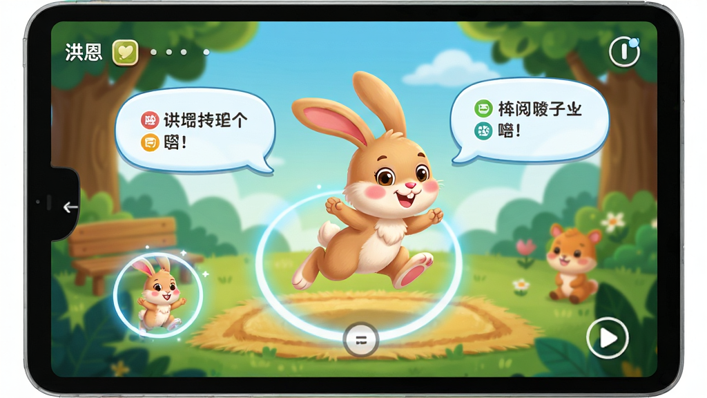 洪恩大阅读互动阅读界面,主体为正在播放的绘本页面,一只卡通小兔子在屏幕中央跳跃,布局为全屏沉浸式,排版突出故事画面,风格为鲜艳明快的童趣风格,细节包括点击特效光圈和角色对话气泡,画质高清,干净,无多余元素
