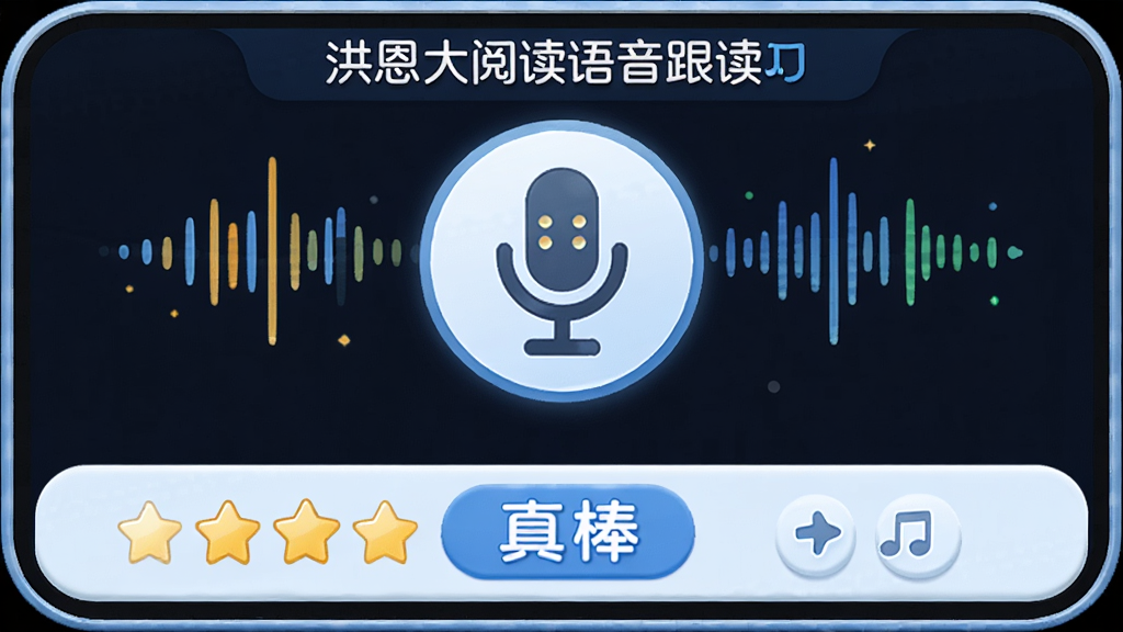 洪恩大阅读语音跟读功能界面,主体为麦克风图标和声波可视化图形,布局采用上下结构,排版简洁明了,风格为科技感与童趣结合,细节包括评分星星和鼓励文字