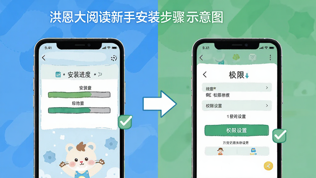 洪恩大阅读新手安装步骤示意图,主体为手机屏幕显示安装进度条和权限设置界面,布局采用左右分栏对比,排版直观清晰,风格为扁平化教程图示风格,细节包括勾选标记和箭头指引,画质高清,干净,无多余元素