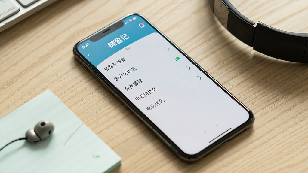 一张表现手机记账软件使用技巧的写实图片,画面中一部手机平放在桌面上,屏幕显示