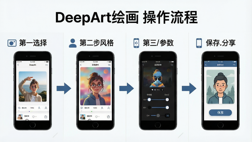 һ��չʾDeepArt�滭���ֻ��ϲ������̵�ʾ��ͼ�������Ϊ�ĸ����裬��һ��ѡ����Ƭ���ڶ���ѡ���񣬵������������������Ĳ����������ÿ�����������ֻ���������ͼ�ͼ������˵�������涥�������֡�DeepArt�滭 �������̡�������Ϊ�����ĸ����У����Ϊ����ֱ�۵Ľ̳�ͼʾ�磬ϸ�ڰ�������ͼ�ꡢ���˵ļ�ͷָ�����ɾ��ı��������ʸ��壬�޶���Ԫ��