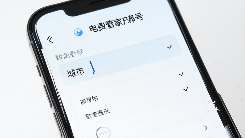 网上电费管家户号绑定界面,主体为手机屏幕显示输入框和城市选择列表,布局为上下结构,排版简洁,风格为清新浅色商务风,细节包括输入光标闪烁、省份图标点缀,画质高清,干净,无多余元素