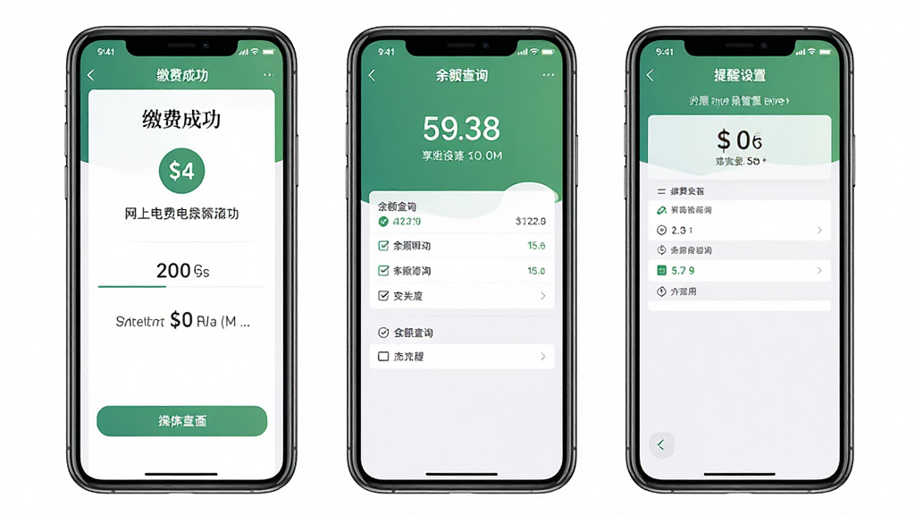 网上电费管家移动端操作界面合集,主体为三部手机并排展示不同功能页面,布局为横向排列,排版整齐,风格为清爽素雅风,细节包括屏幕内显示缴费成功、余额查询和提醒设置界面,画质高清,干净,无多余元素