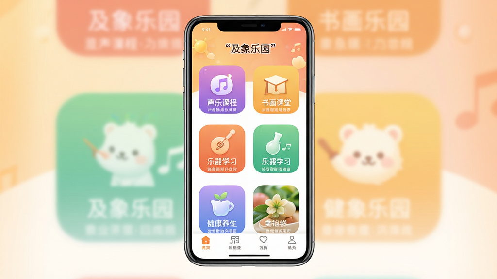 及象乐园APP主界面展示,画面中央为手机屏幕竖版展示,屏幕内呈现及象乐园APP首页,包含声乐课程、书画课堂、乐器学习、健康养生等彩色功能图标整齐排列,底部导航栏清晰可见。背景为暖色调柔和渐变,主体突出,布局居中,风格温馨简洁,细节精致,画质高清,干净无多余元素,图片中文字使用引号标注