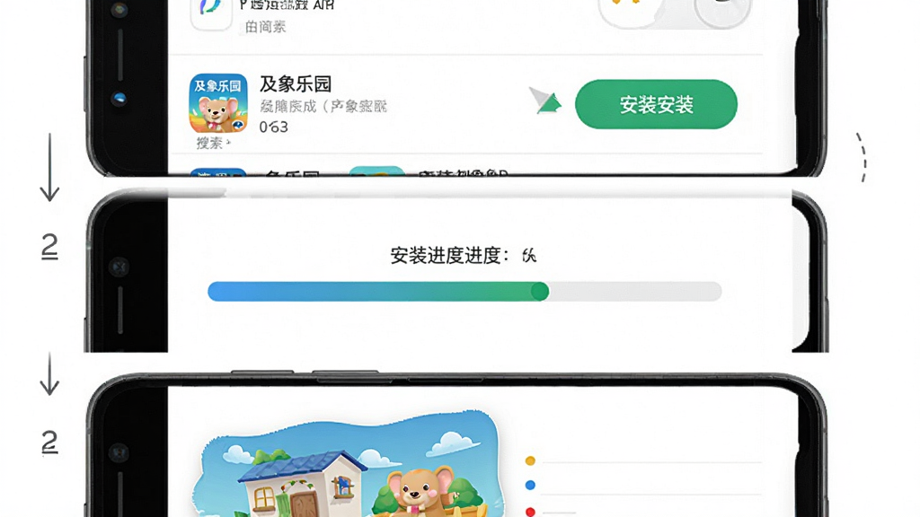 及象乐园APP安装步骤示意图,画面为手机屏幕操作界面分步展示,从上到下依次呈现应用商店搜索
