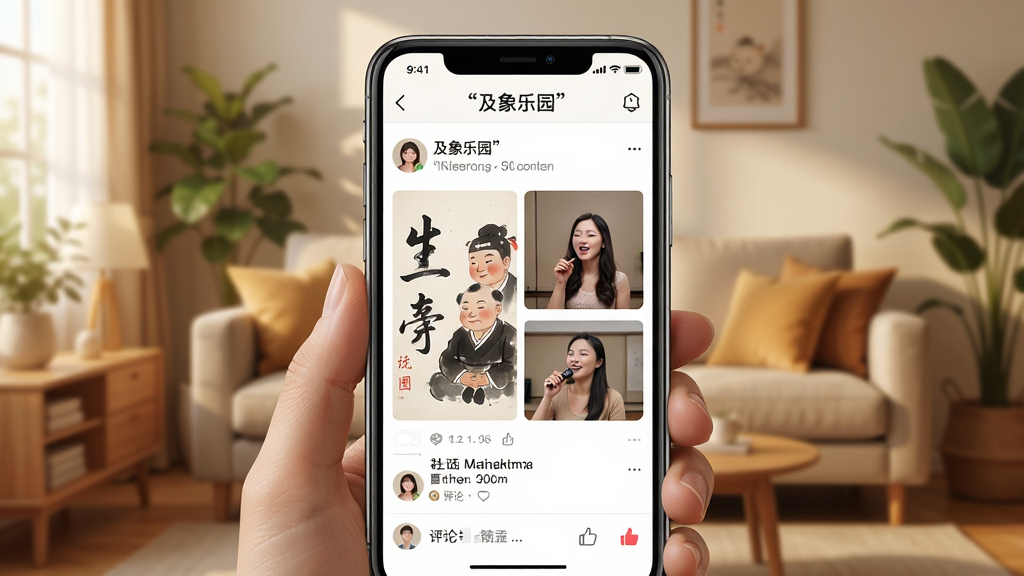 及象乐园社交互动界面场景图,画面展示手机屏幕中社区交流页面,屏幕内呈现用户分享的书画作品和唱歌视频动态,配有评论和点赞图标。背景为温馨家庭客厅环境,主体突出手机屏幕,布局居中,风格温暖亲切,细节精致,画质高清,干净无多余元素,图片中文字使用引号标注