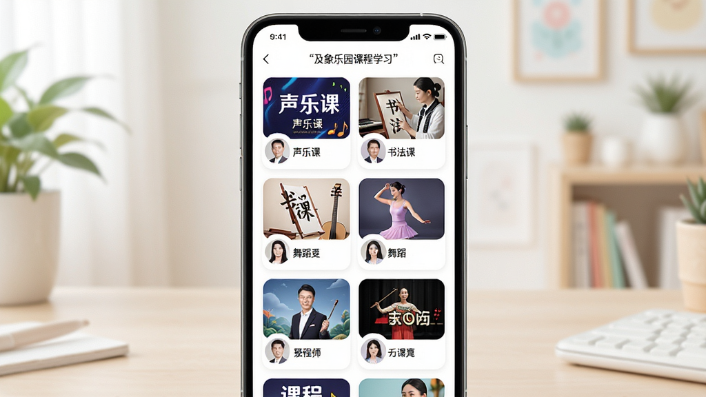 及象乐园课程学习界面场景图,画面主体为手机屏幕展示课程列表页面,屏幕中显示声乐课、书法课、舞蹈课等课程封面缩略图,每个课程卡片配有名师头像和课程名称。布局采用竖版居中排列,风格清新明亮,细节丰富,画质高清,干净整洁,图片中文字使用引号标注