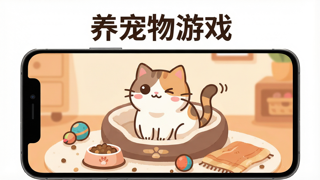 一个温馨的手机屏幕画面,画面中央是一只圆润可爱的卡通宠物猫,正坐在柔软的宠物窝里,周围散布着食盆、玩具球和小毯子,背景是柔和的暖色调房间,布局采用居中构图,上方留白区域写着“养宠物游戏”五个中文字,整体风格为清新治愈的扁平插画风,细节包括宠物眨眼睛、尾巴微微摆动、食盆里有小颗粒食物,画质高清细腻,画面干净整洁,无多余杂乱元素
