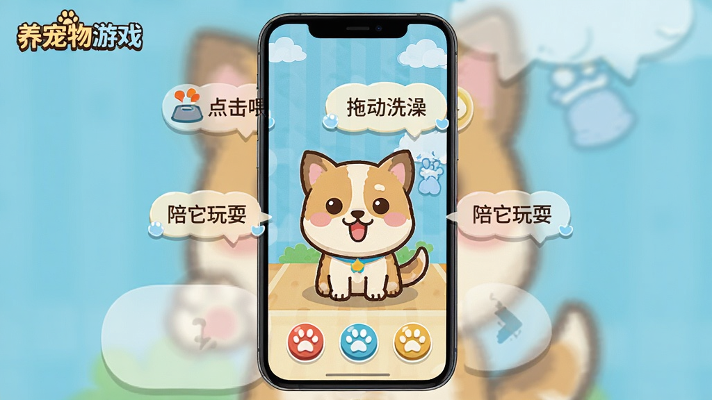 手机屏幕上显示养宠物游戏的新手引导界面,画面中有一只卡通宠物和几个操作提示气泡,布局为竖屏手机界面,风格为简洁明快的UI插画,细节包括提示气泡中的文字“点击喂食”“拖动洗澡”“陪它玩耍”、宠物期待的表情、界面角落的“养宠物游戏”标志,画质清晰干净,无多余元素