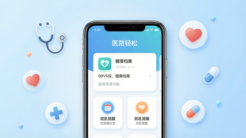 画面主体为一部智能手机,手机屏幕亮起,显示“医路轻松”APP的首页界面,界面干净整洁,包含健康档案卡片和就医提醒图标。手机放置在浅蓝色渐变背景中,周围漂浮着听诊器、爱心、药丸等简约的医疗元素图标。布局采用居中构图,排版清晰,风格为现代扁平化科技风,细节上光影柔和,画质高清,干净无多余元素。