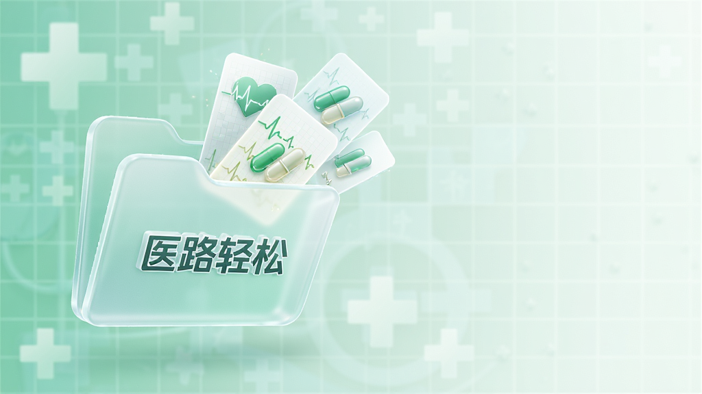 画面主体为一个漂浮在空中的半透明文件夹图标,文件夹表面印有“医路轻松”的标识,文件夹打开后飞出几张带有心电图波纹和药丸图标的卡片。背景为柔和的浅绿色医疗十字网格。排版采用左侧主体右侧留白,风格为3D渲染质感,细节上卡片带有轻微的发光效果,画质超清,干净无多余元素。