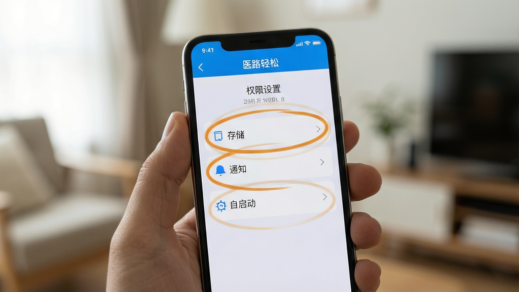 画面主体为一只手拿着手机,手机屏幕显示“医路轻松”APP的权限设置界面,界面中“存储”、“通知”、“自启动”三个选项被高亮圈出。背景为模糊的室内家居环境,光线柔和。排版采用特写镜头,风格为写实摄影风,细节上手机边框清晰,屏幕文字可辨,画质高清,干净无多余元素。
