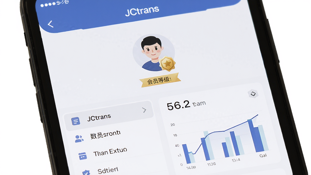 ����Ϊ�ֻ���ĻչʾJCtrans��������ҳ�棬����Ϊ������д���Ű����룬���Ϊ��ƽ��UI���չʾ��ϸ�ڰ���ͷ�񡢻�Ա�ȼ����¡����ܲ˵��б�������ͳ��ͼ�������ʸ��壬�ɾ����޶���Ԫ��