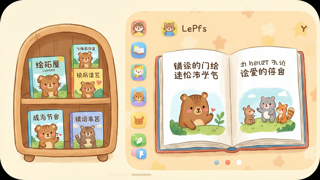 绘本屋APP主界面展示,画面中央是色彩温馨的儿童绘本阅读界面,左侧是卡通风格的绘本封面书架,右侧展示正在阅读的绘本内页,整体布局清晰,排版简洁,风格为清新童趣的手绘风,细节包括圆润的图标、柔和的色彩过渡、可爱的动物角色,画质高清,干净,无多余元素