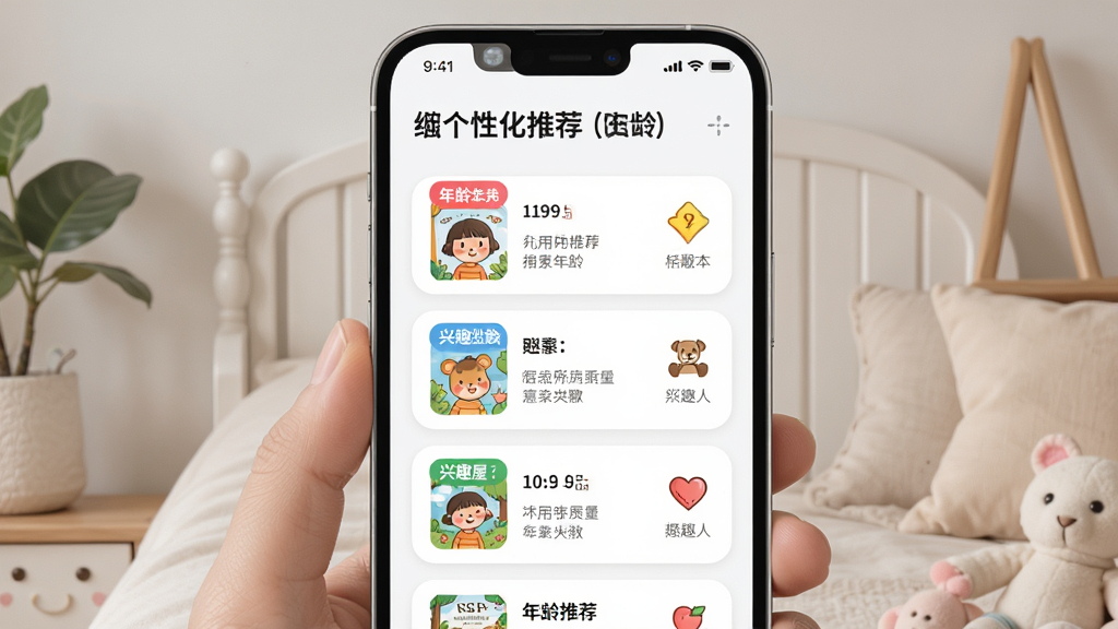绘本屋APP个性化推荐界面,画面展示一个手机屏幕,屏幕上显示着根据儿童年龄推荐的绘本列表,列表旁边有年龄标签和兴趣图标,布局为列表垂直排列,顶部有推荐标题,风格为简约清新的现代UI风格,细节包括圆角卡片、彩色标签、清晰字体,画质高清,干净,无多余元素