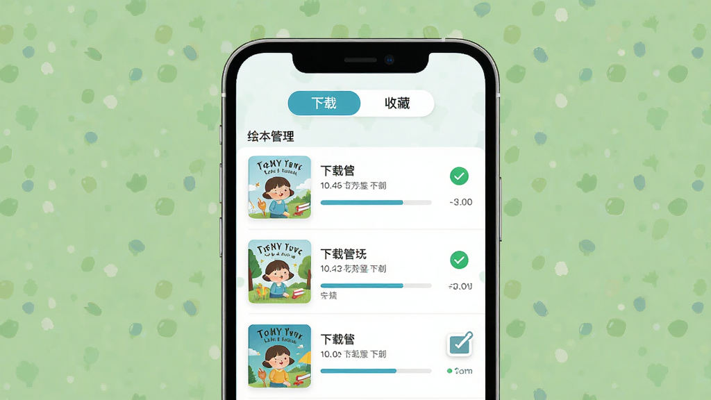 绘本屋APP离线下载与收藏界面,画面展示一个手机屏幕,屏幕上有下载管理列表和收藏夹图标,列表项显示已下载的绘本封面和下载进度,布局为上下结构,顶部有下载和收藏标签切换,风格为清爽的浅色系设计,细节包括进度条、对勾图标、绘本缩略图,画质高清,干净,无多余元素