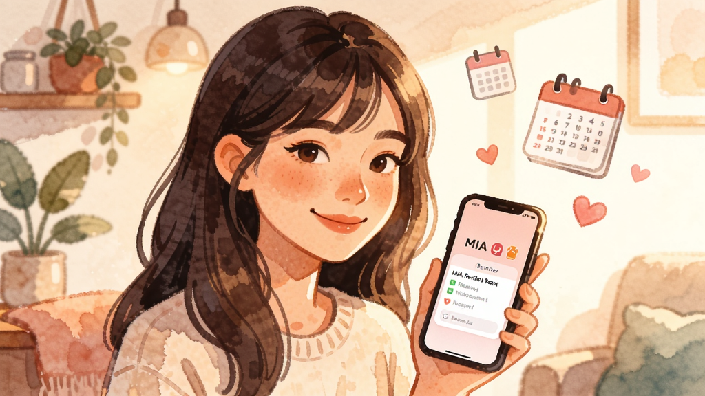 一幅以MIA经期为主题的AI生成插画,主体为一位面带微笑的年轻女性手持手机,手机屏幕显示MIA经期的提醒弹窗界面,背景为温馨的居家环境,布局人物居中偏左,右侧留白处漂浮日历与爱心图标,风格温暖治愈系水彩风,细节包含柔和光影、植物点缀、柔粉色调,画质高清,干净,无多余元素