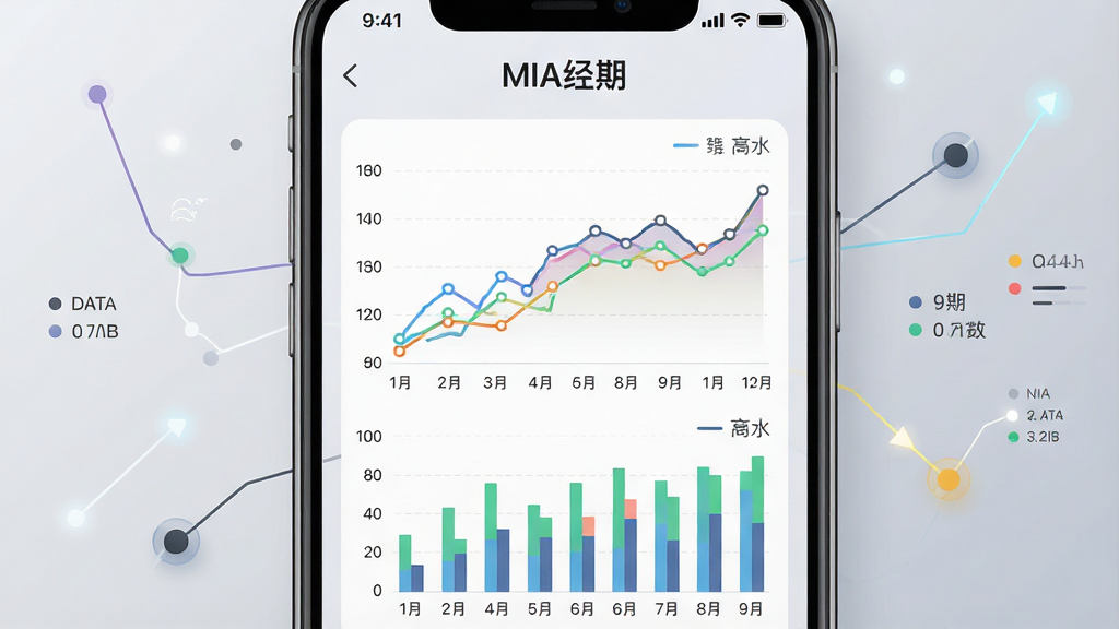 一张展示MIA经期数据统计页面的AI生成图,画面为手机屏幕特写,屏幕内显示折线图与柱状图组合的周期统计界面,顶部有