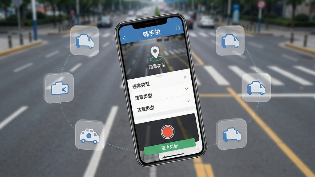 随手拍举报软件主界面展示图,画面中央放置一部智能手机,屏幕显示随手拍举报APP的拍摄上传界面,包含拍照按钮、定位图标、违章类型选择列表,背景为城市道路与交通标线,布局采用居中构图,手机略微倾斜,周围环绕半透明的举报流程图标,风格为扁平化科技风,细节包含清晰的界面文字与图标按钮,画质高清,干净,无多余元素