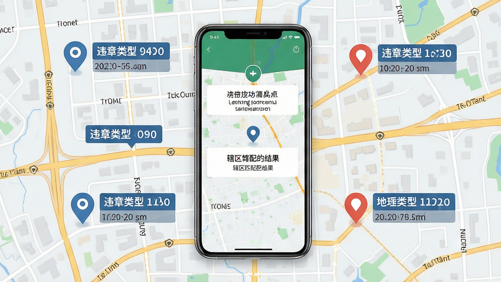 随手拍举报地理位置自动关联示意图,画面以城市地图为背景,地图上标注多个举报点位图标,每个点位旁显示违章类型标签与时间信息,画面中央一部手机屏幕展示定位成功提示与辖区匹配结果,布局采用地图为主、手机为辅的叠加构图,风格为现代扁平化地图风格,细节包含清晰的道路线条与标注文字,画质高清,干净,无多余元素