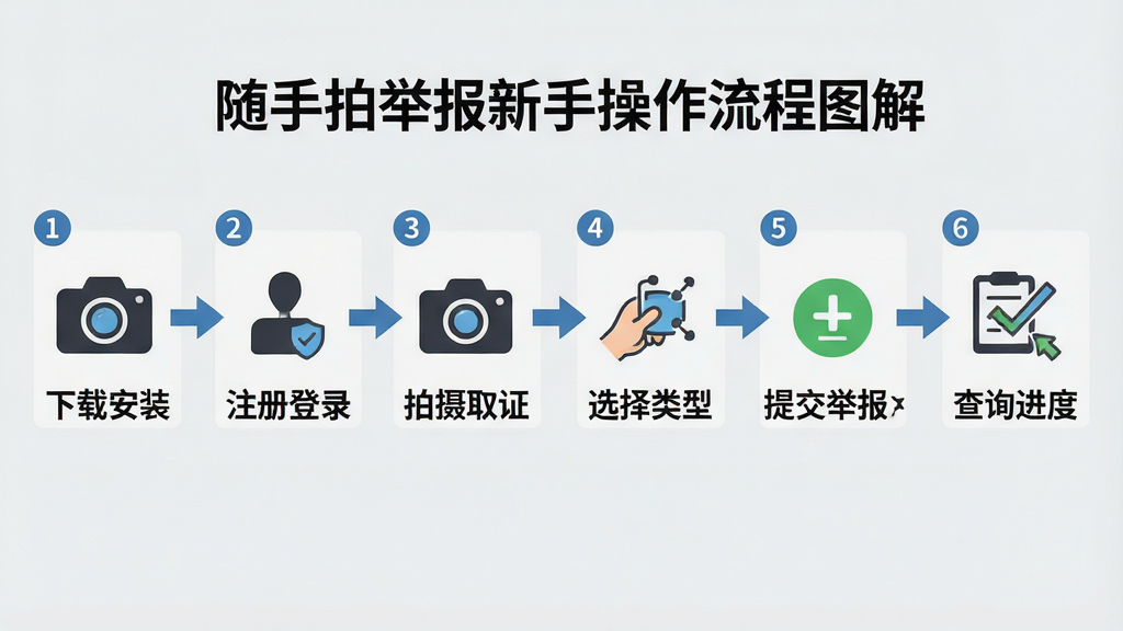 随手拍举报新手操作流程图解,画面以横向流程图形式展示,从左到右依次为下载安装、注册登录、拍摄取证、选择类型、提交举报、查询进度六个步骤,每个步骤用图标加文字说明,背景为浅灰色,风格为信息图表风,细节包含清晰的箭头引导与步骤编号,画质高清,干净,无多余元素