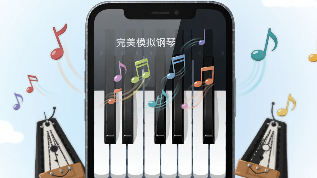 画面中央是一部竖屏智能手机,手机屏幕显示完美模拟钢琴的黑白琴键界面,琴键上有彩色音符飘动,手机两侧散落几个音乐符号和节拍器,背景是柔和的浅蓝色渐变,整体采用扁平化插画风格,细节包含琴键高光、音符拖尾、屏幕反光,画质清晰干净,无多余元素,图片中文字标注“完美模拟钢琴”