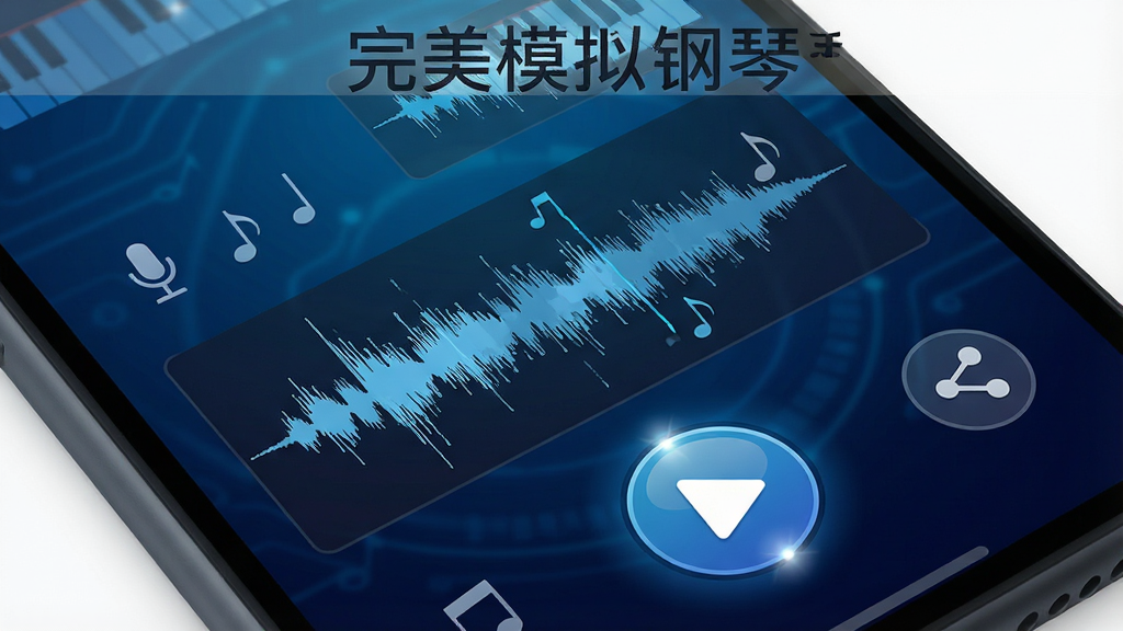 手机屏幕特写,显示完美模拟钢琴的录音回放界面,波形图与播放按钮清晰可见,旁边有一个麦克风图标和分享图标,背景是深蓝色科技感渐变,采用简洁扁平化风格,细节包含波形动画、按钮高光、音符点缀,画质清晰干净,无多余元素,图片中文字标注“完美模拟钢琴”