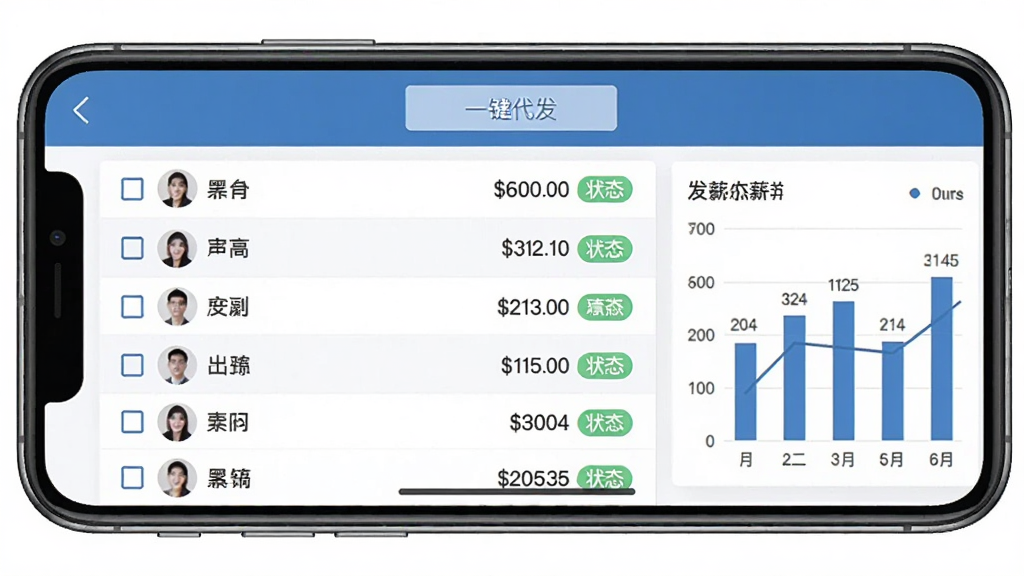 子弹人力云批量发薪功能界面截图,画面中一部手机横屏展示,屏幕上排列着多行员工姓名和对应金额,顶部有“一键代发”按钮,主体为手机和发薪列表,布局为左右分栏左侧员工列表右侧统计图表,风格扁平化商务蓝,细节包括勾选框、金额数字、状态标签,画质清晰干净无多余元素