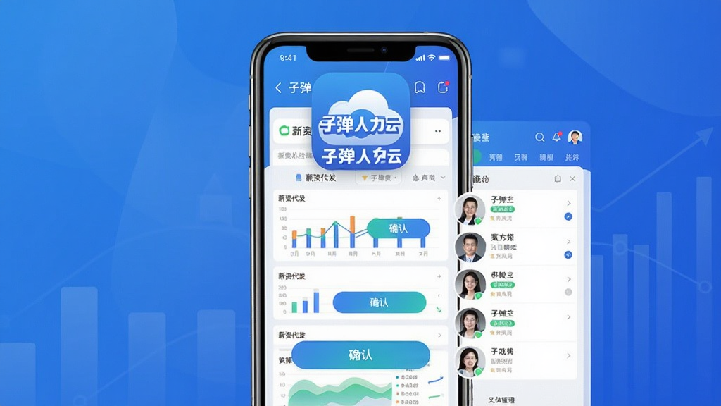子弹人力云手机APP主界面展示,画面中央是一部智能手机,屏幕上显示薪资代发列表和员工管理面板,背景为蓝色渐变商务风格,主体突出软件图标和名称“子弹人力云”,布局采用居中构图,排版清晰展示核心功能模块,风格简洁现代商务,细节包括数据图表、确认按钮、头像列表,画质高清干净无多余元素