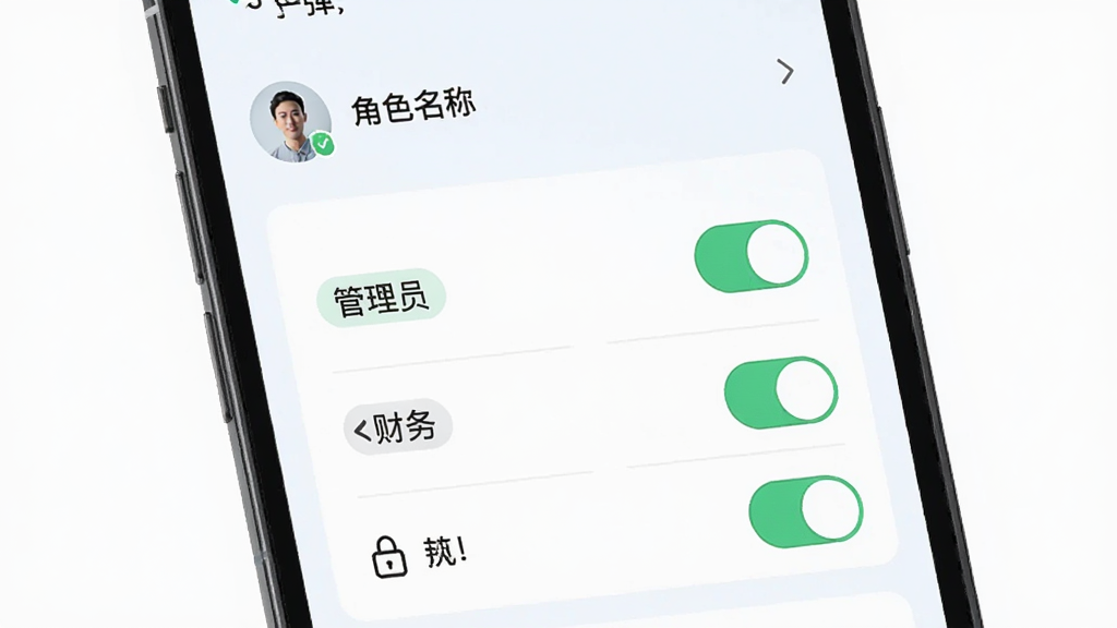 子弹人力云权限管理设置页面,画面展示手机屏幕内角色列表和权限开关,主体为手机界面,布局采用上下结构上方角色名称下方权限选项,风格清爽浅色系,细节包括管理员标签、财务标签、开关按钮、锁形图标,画质高清干净无多余元素