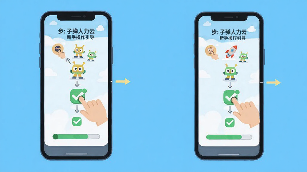 子弹人力云新手操作引导页面,画面展示手机屏幕内分步教程插画,主体为手机和步骤指示箭头,布局为纵向流程式,风格卡通扁平化,细节包括手指点击图标、勾选标记、进度条,画质明亮干净无多余元素