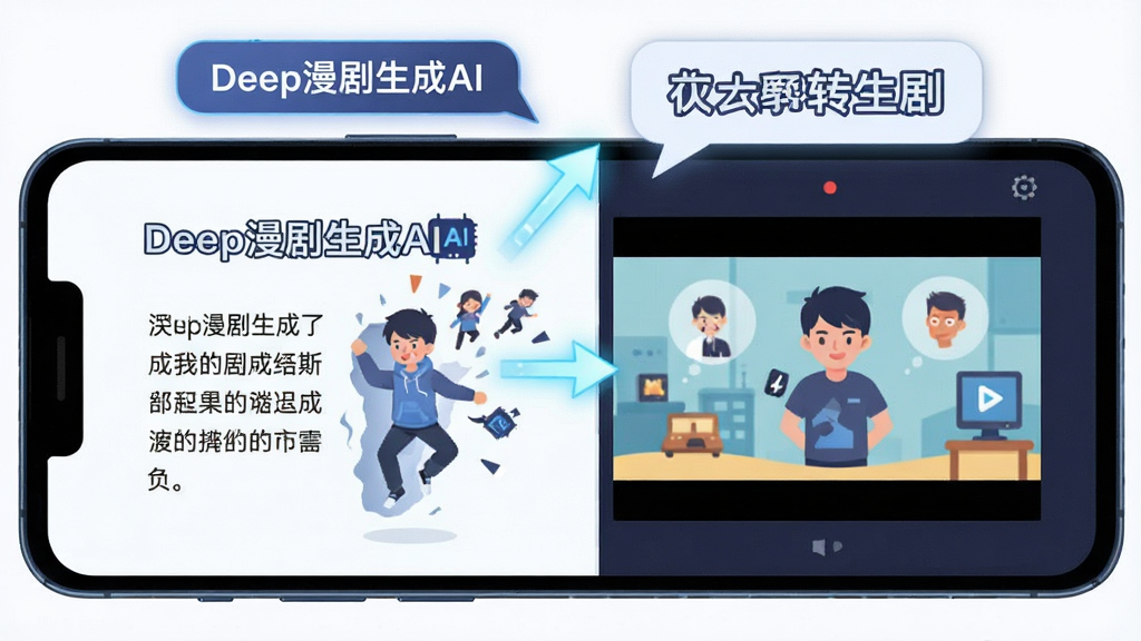 一部安卓手机屏幕显示Deep漫剧生成AI的文字转漫剧界面,主体为手机和漂浮在空中的文本气泡,文本气泡通过发光箭头连接到屏幕内的漫剧分镜画面,布局为左侧文本、右侧视频预览,风格为扁平化科技插画,细节上突出“Deep漫剧生成AI”字样和角色从文字中跃出的效果,画质清晰,干净,无多余元素