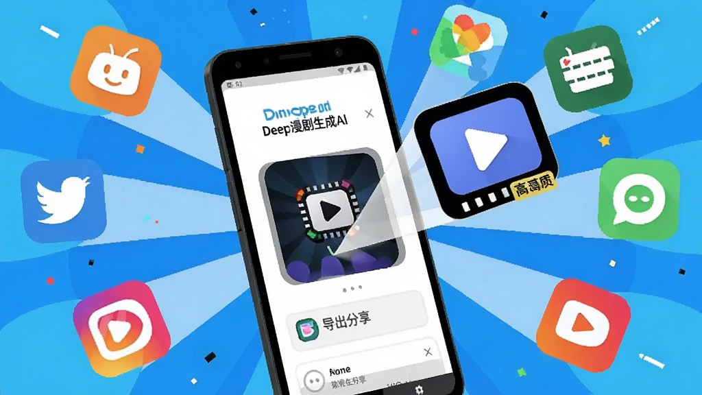 一部安卓手机屏幕显示Deep漫剧生成AI的导出分享界面,主体为手机和从屏幕中飞出的视频图标,图标飞向周围多个社交平台logo,布局为放射状,风格为活泼的扁平化插画,细节上突出“Deep漫剧生成AI”字样和高清画质标识,画质清晰,干净,无多余元素