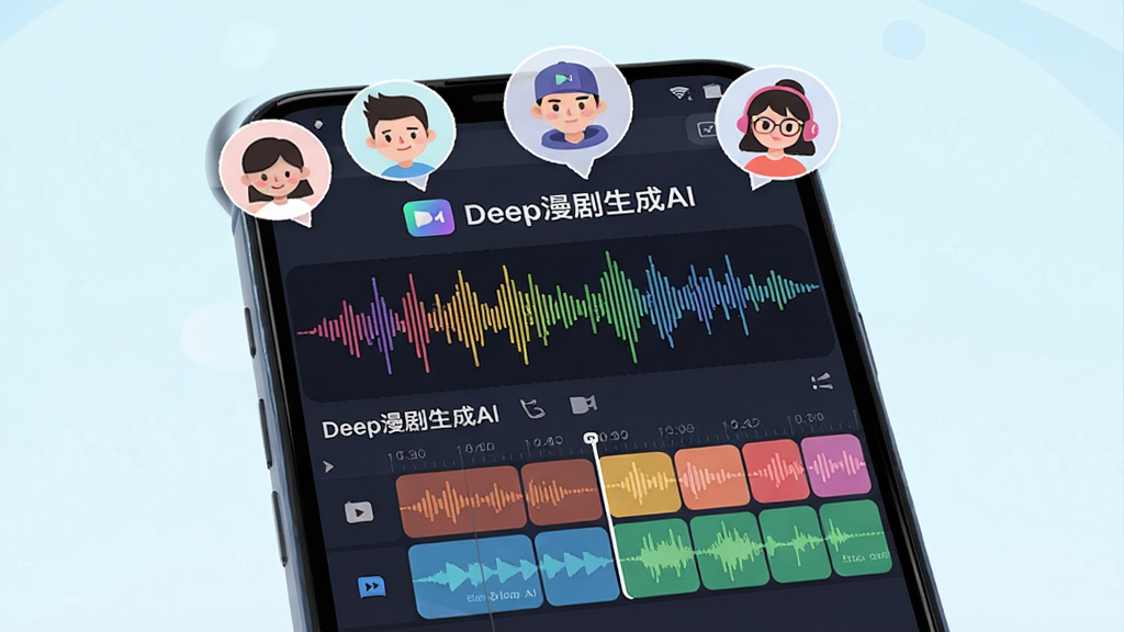 一部安卓手机展示Deep漫剧生成AI的配音与字幕编辑界面,主体为手机屏幕内显示声波波形和字幕轨道,屏幕上方漂浮着不同音色的头像图标,布局为垂直分层,风格为清新明快的UI插画,细节上突出“Deep漫剧生成AI”标识和多彩的音频块,画质高清,干净,无多余元素