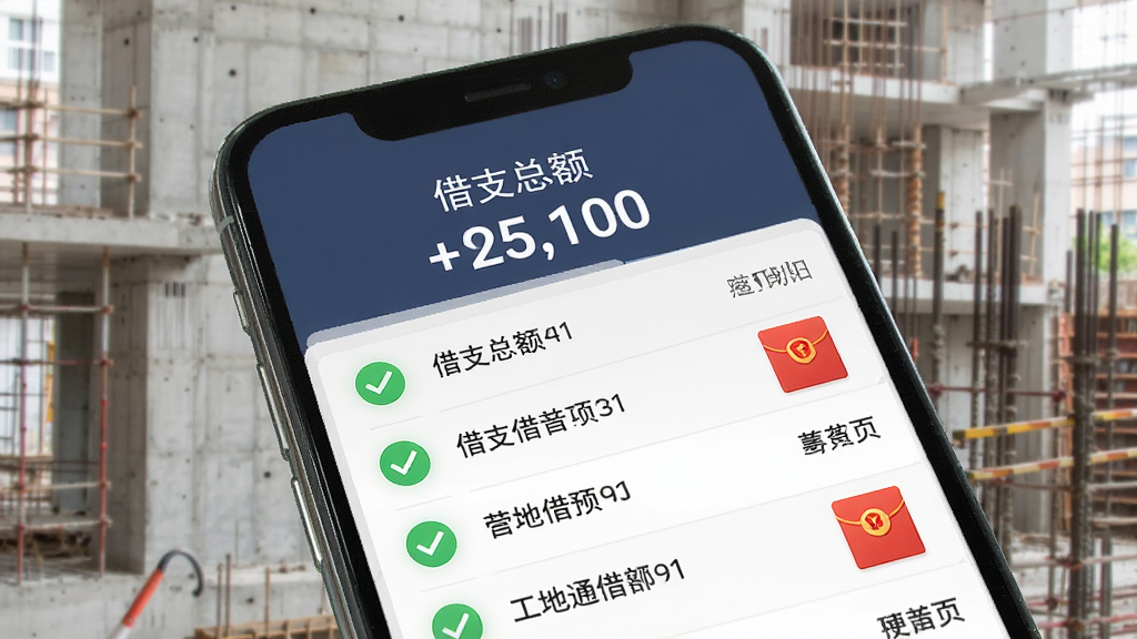 一张展示工地工时通借支记录界面的AI生图,主体是手机屏幕,布局为屏幕上方显示借支总额,下方是列表形式的借支明细,排版清晰,风格为清新商务风,细节包括绿色的对勾图标、红包样式的借支图标,画质高清,干净,无多余元素