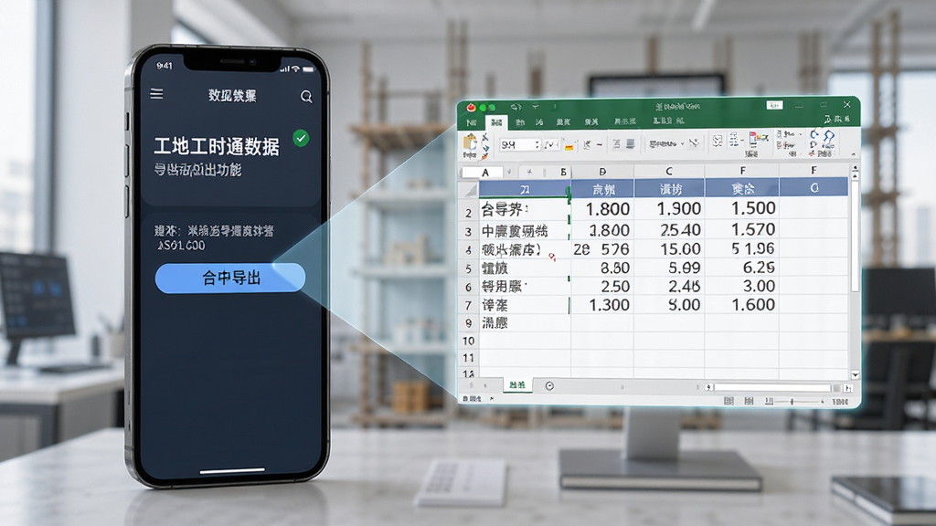 一张展示工地工时通数据导出功能的AI生图,主体是手机屏幕和一张虚拟的Excel表格投影,布局为手机在左,表格在右,排版对称,风格为办公商务风,细节包括屏幕上的导出按钮和表格中的工时数字,画质超清,干净,无多余元素