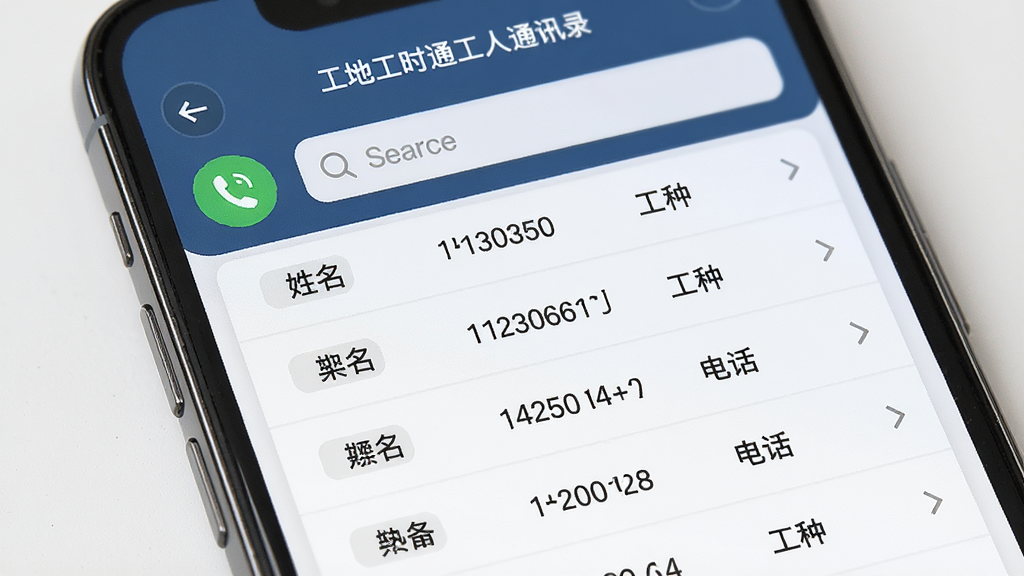 一张展示工地工时通工人通讯录管理界面的AI生图,主体是手机屏幕,布局为屏幕中央显示带有姓名、电话、工种的列表,排版整齐,风格为现代简约风,细节包括拨号图标和搜索框,画质高清,干净,无多余元素