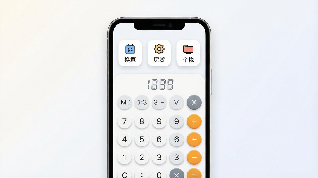 一张展示万能计算器助手手机App主界面的预览图,画面中央是手机屏幕,屏幕内显示简洁的计算器键盘界面,顶部有换算、房贷、个税等功能入口图标,布局清晰,排版整齐,风格为现代简约科技风,细节上按钮圆润有质感,背景为干净的浅色渐变,画质高清,干净无多余元素
