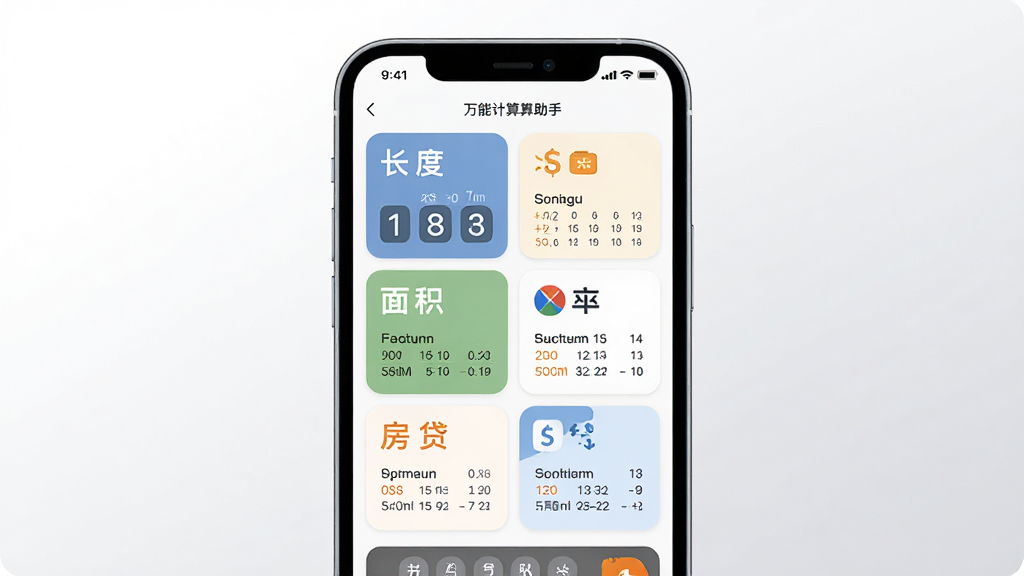 手机屏幕展示万能计算器助手的生活换算功能页面,画面中央为手机界面,屏幕内显示长度、面积、汇率、房贷等多个换算模块卡片,卡片排列整齐,排版分区明确,风格为温馨生活化设计,细节上每个卡片配有简洁图标,背景为干净的白色到浅灰渐变,画质高清,无多余装饰元素