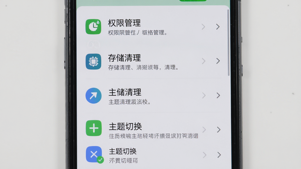 一部手机展示万能计算器助手的设置页面,画面主体为手机正面,屏幕内显示权限管理、存储清理、主题切换等设置选项列表,布局为纵向列表排版,风格为简洁实用风,细节上每个选项配有图标和说明文字,背景为干净的浅灰底色,画质清晰,无多余元素