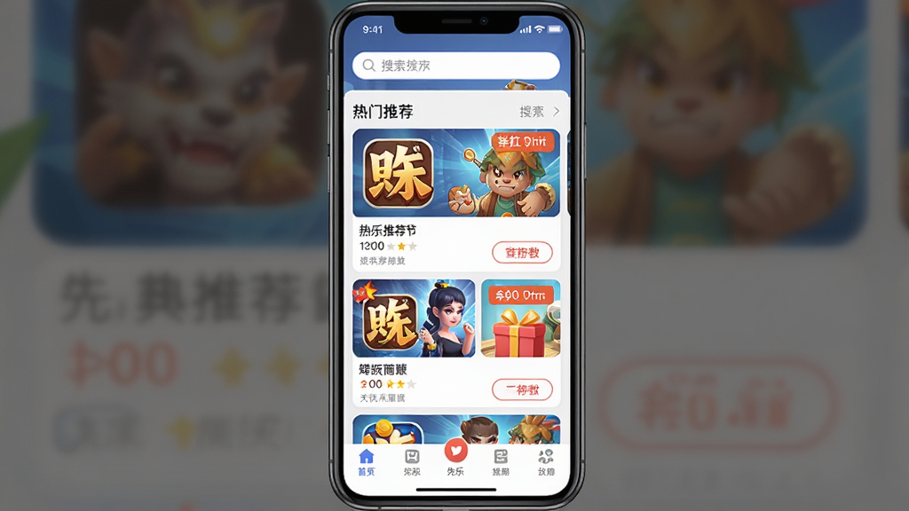 一张展示先乐手游应用界面的手机截图,主体是一部竖屏智能手机,屏幕中显示先乐手游APP首页,页面顶部有搜索栏,中间是热门游戏推荐卡片,底部有导航栏,布局清晰整洁,排版为居中展示手机正面,风格为现代科技感扁平化设计,细节包括游戏图标、折扣标签、礼包按钮等元素,画质高清干净无多余元素