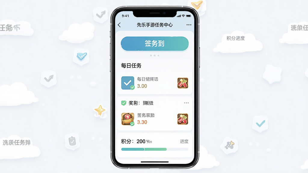 一幅展示先乐手游任务中心界面的图片,主体是手机屏幕中的任务列表页面,包含签到按钮、每日任务条目和积分进度条,布局为手机正面居中展示,排版整齐有序,风格为清新简约的移动端UI风格,细节包括勾选图标、积分数字、奖励图标等元素,画质高清干净无多余元素