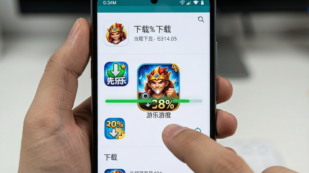 一张展示先乐手游在安卓手机上运行流畅的画面,主体是手持手机显示先乐手游游戏下载页面,布局为手机屏幕特写居中,排版突出下载进度条和游戏封面,风格为真实使用场景摄影风格,细节包括手指点击屏幕、下载进度百分比、游戏图标等元素,画质高清干净无多余元素