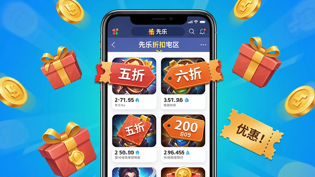 一幅展示先乐手游折扣福利页面的宣传图,主体是一个手机屏幕画面,屏幕中显示先乐手游的折扣专区页面,包含多款游戏的折扣比例标签如五折、六折等,布局为手机居中、周围环绕金币和礼包图标,排版简洁明了,风格为鲜艳活泼的游戏化设计,细节包括折扣数字、礼包盒、优惠券等元素,画质高清干净无多余元素