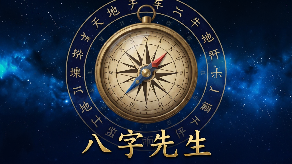 一张手机应用界面截图,画面中央展示一个古典风格的罗盘图案,罗盘周围环绕着天干地支字符,背景为深蓝色渐变星空,界面底部有