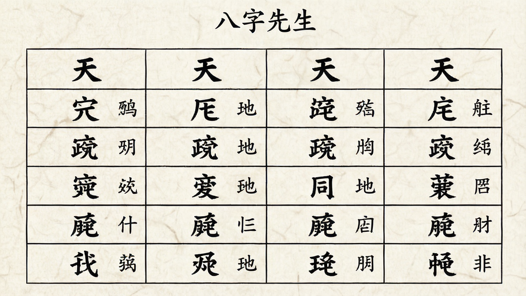 一张手机屏幕截图,画面中展示一个八字排盘界面,四柱八字以表格形式排列,天干地支用黑色楷体显示,十神标注在对应位置,界面背景为米白色宣纸纹理,顶部有