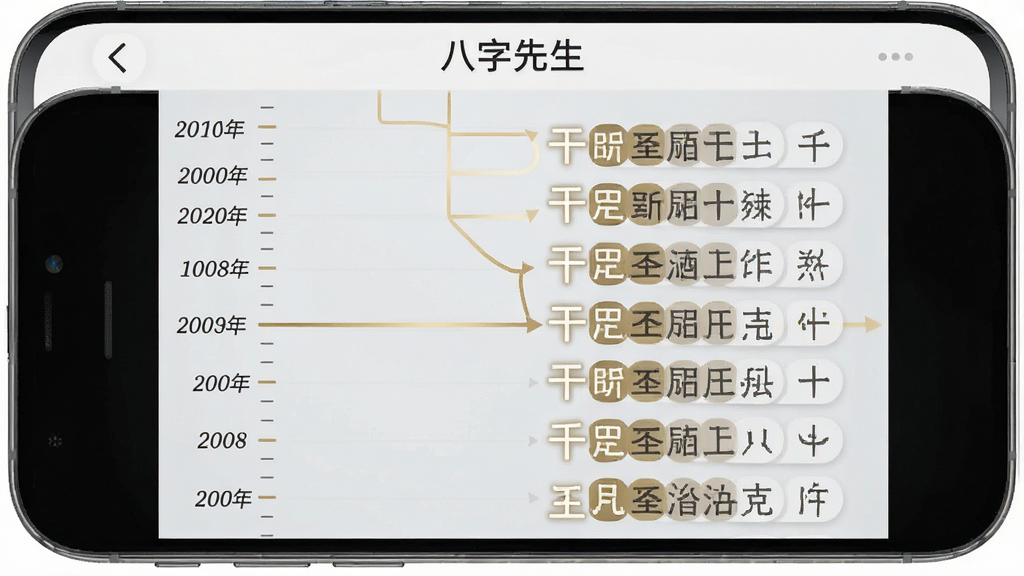 一张手机应用界面展示图,画面中展示大运流年时间轴,左侧为年份刻度,右侧为对应的干支与十神标注,时间轴用金色线条贯穿,背景为浅灰色,顶部有